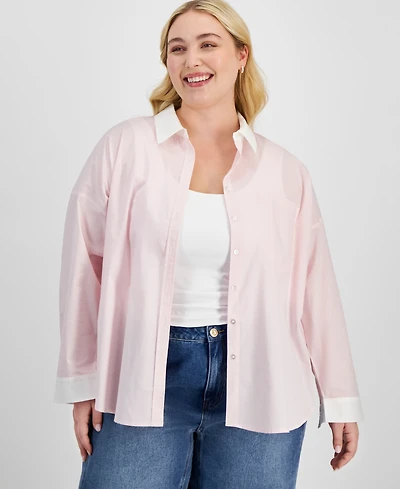 And Now This Trendy Plus Size Cotton Striped Contrast Shirt, Exclusively at Macy's