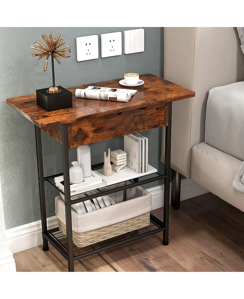 Gymax Side End Sofa Table Nightstand with Charging Station Flip-Up Top for Living Room