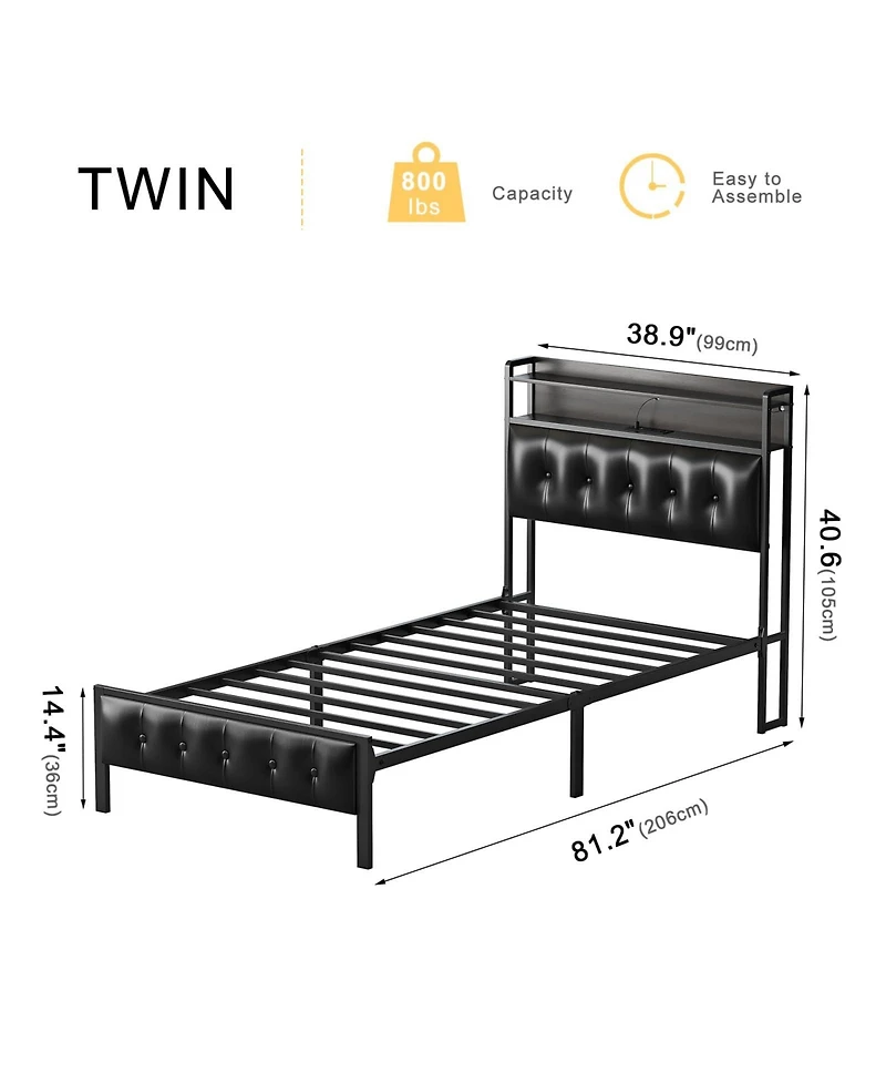 Hausource King/Twin Size Bed Frame with Storage Headboard & Charging Station Upholstered Platform Bed, Twin