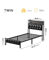 Hausource King/Twin Size Bed Frame with Storage Headboard & Charging Station Upholstered Platform Bed, Twin