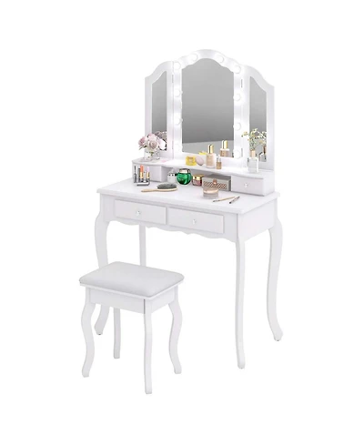 Makeup Vanity Set with Tri-Fold Mirror & Led Lights 4 Drawers Open Shelf
