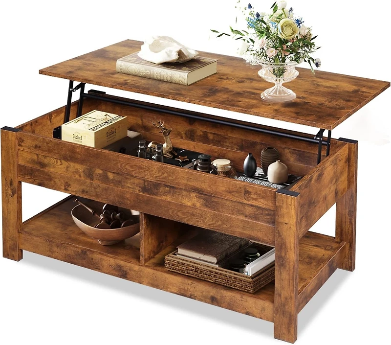 Wlive Coffee Table, 47" Lift Top Coffee Table with Hidden Compartment and 2 Storage Shelves for Living Room, Espresso