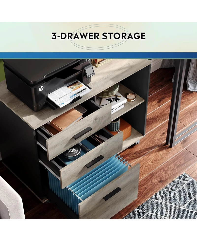 3-Drawer Wood File Cabinet, Mobile Lateral Filing Cabinet, Printer Stand with Open Storage Shelves for Home Office