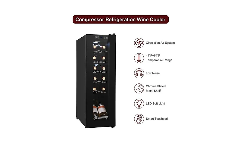 Slickblue Black 12-Bottle Electronic Wine Cabinet with Transparent Glass Door and Cold Rolled Sheet Design