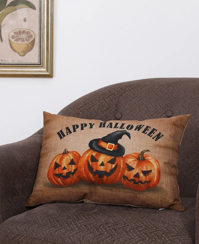 Glitzhome Faux Burlap Happy Halloween Pumpkin Pillow, 18"