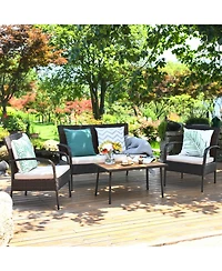 Sugift 4 Pieces Patio Cushioned Wicker Conversation Set with Acacia Wood Tabletop