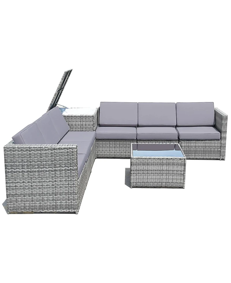 Sugift 8 Pieces Wicker Sofa Rattan Dining Set Patio Furniture with Storage Table-Gray
