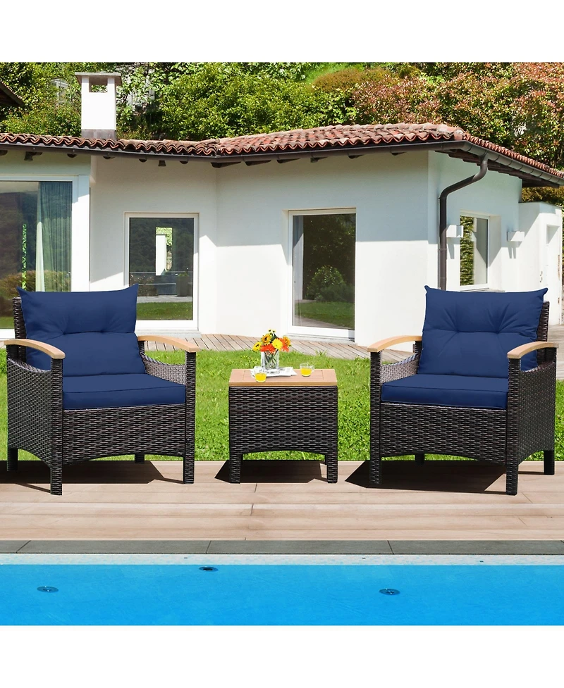 Sugift 3 Pieces Patio Rattan Furniture Set with Removable Cushion-Navy