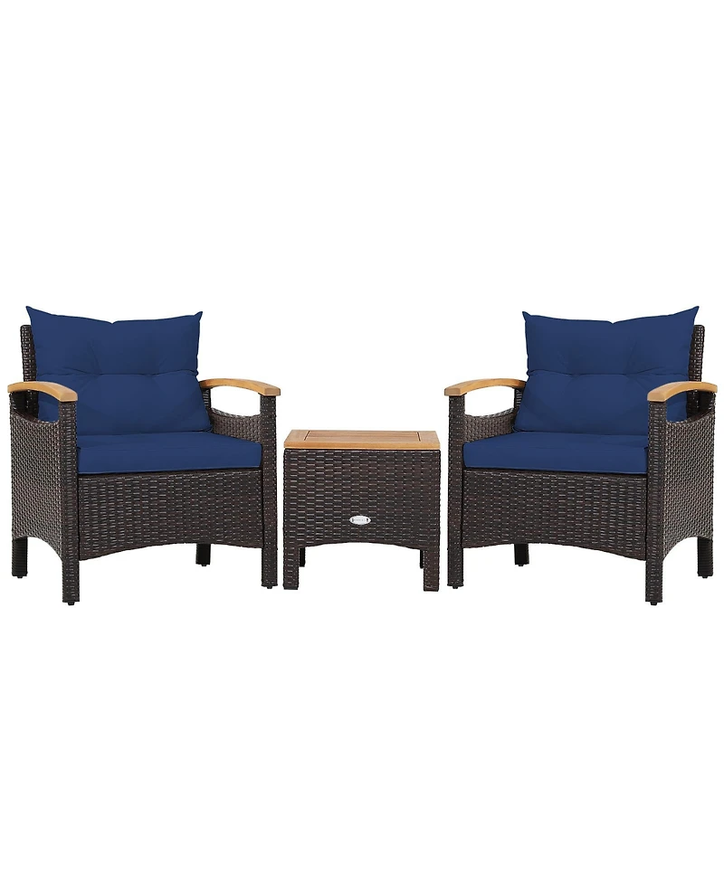 Sugift 3 Pieces Patio Rattan Furniture Set with Removable Cushion-Navy