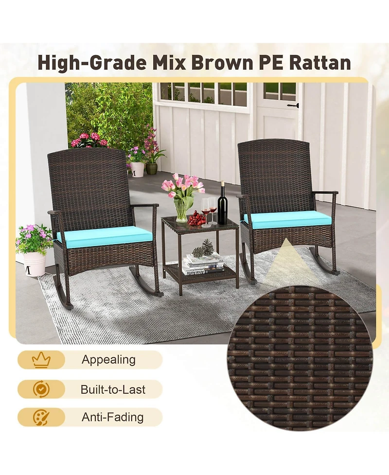 Sugift 3 Piece Patio Rocking Set Wicker Rocking Chairs with 2-Tier Coffee Table
