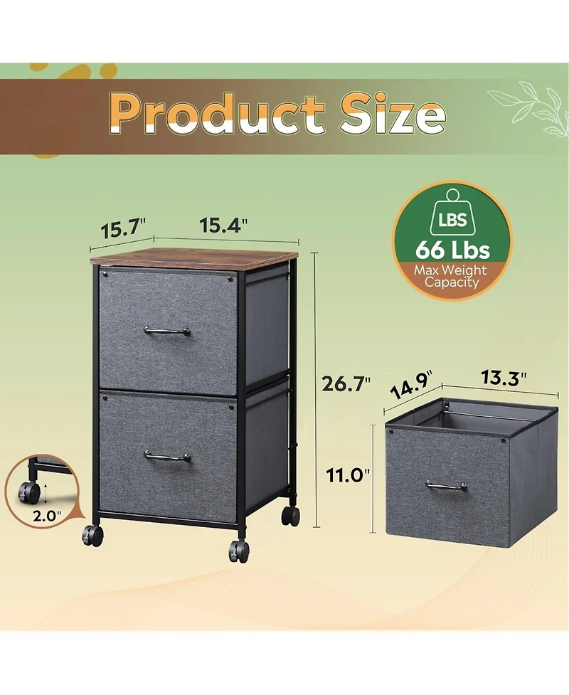 2 Drawer Mobile File Cabinet, Rolling Printer Stand, Fabric Vertical Filing Cabinet fits A4 or Letter Size for Home Office