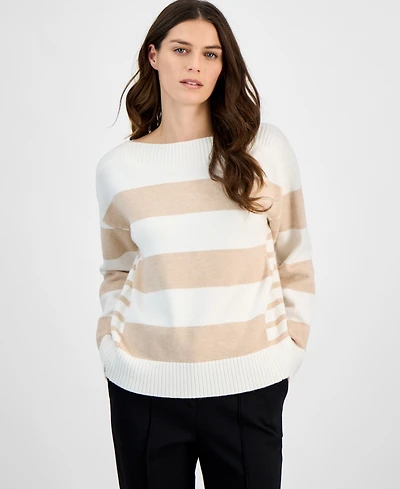 T Tahari Women's Mixed-Stripe Boat-Neck Long-Sleeve Sweater