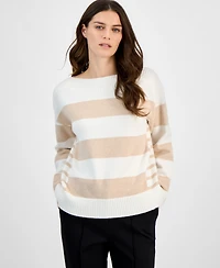 T Tahari Women's Mixed-Stripe Boat-Neck Long-Sleeve Sweater