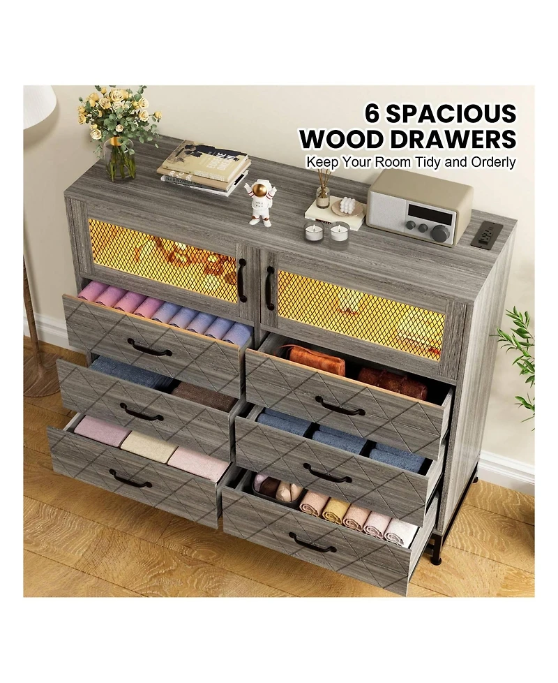 Dresser For Bedroom With Led Lights And Charging Station, 6 Drawer Double Dresser With 2 Shelves, Wide Modern Wooden Chest Of Drawers For Bedroom, Ent
