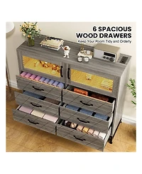 Dresser For Bedroom With Led Lights And Charging Station, 6 Drawer Double Dresser With 2 Shelves, Wide Modern Wooden Chest Of Drawers For Bedroom, Ent