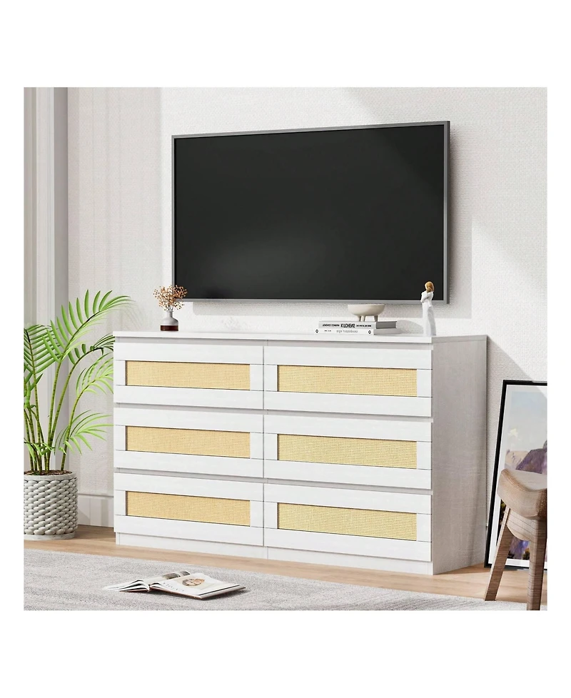 gaomon Rattan Dresser For Bedroom, 6 Drawer Dresser For Bedroom, Modern Wide Chest Of Drawers With Anti-Tip Kit