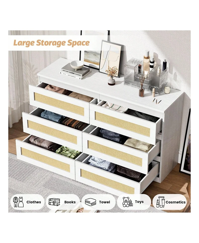 gaomon Rattan Dresser For Bedroom, 6 Drawer Dresser For Bedroom, Modern Wide Chest Of Drawers With Anti-Tip Kit