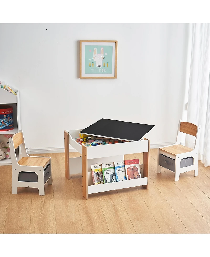 LuxenHome Kids Art Play Activity Table with Storage Shelf and Chair Set with Storage Baskets, White & Gray