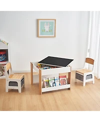 LuxenHome Kids Art Play Activity Table with Storage Shelf and Chair Set with Storage Baskets, White & Gray