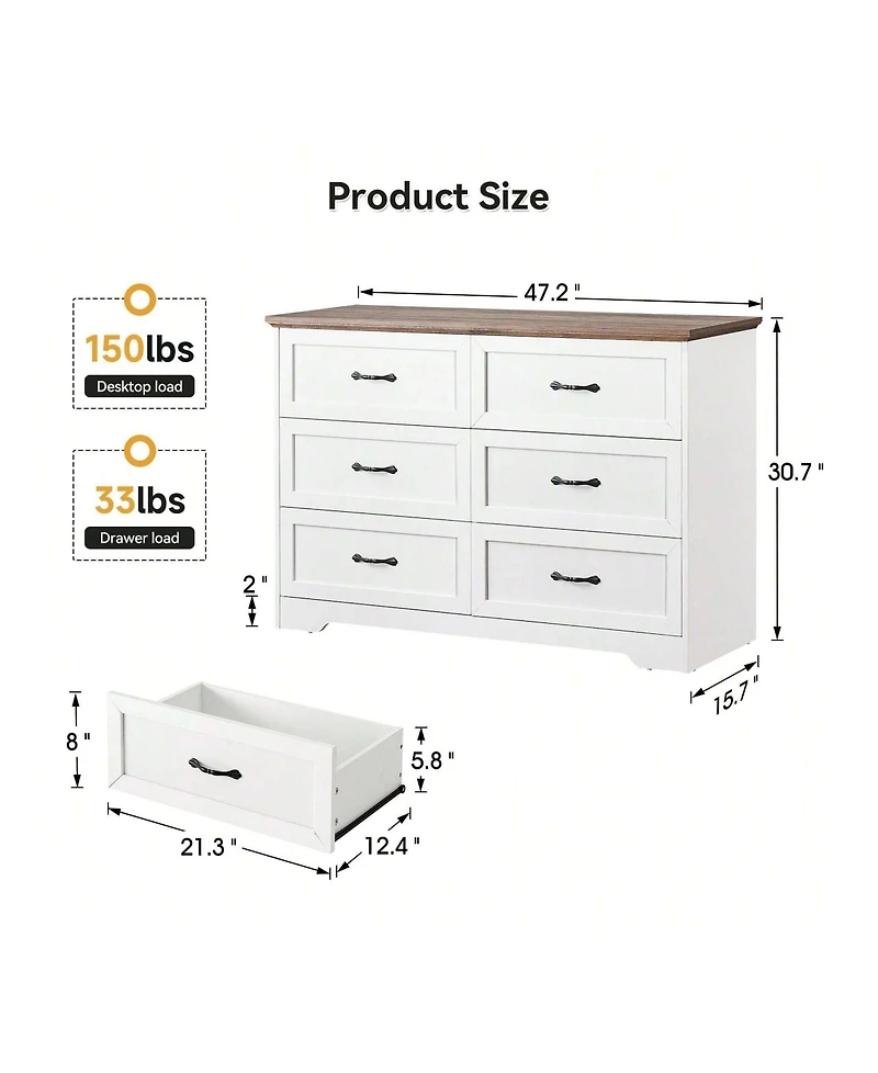 gaomon Dresser For Bedroom With 6 Drawers, Wood Drawer Dresser Chest Of Drawers For Closet, Living Room, Hallway, Nursery, Kids Bedroom(White and Brow