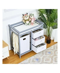 gaomon Wooden Baby Changing Table, Diaper Changing Table, Infant Diaper Changing Station Dresser With Laundry Hamper, 3 Drawer Basket And Changing Pad