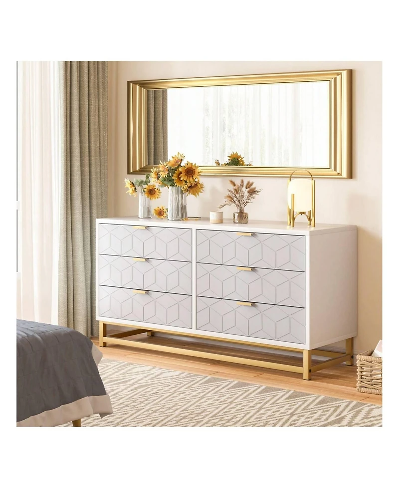 6 Drawer Dresser For Bedroom, Modern Dressers & Chests Of Drawers, Wood Dresser Chest Organizer With Metal Legs, Large Drawers For Bedroom, Hallway, W