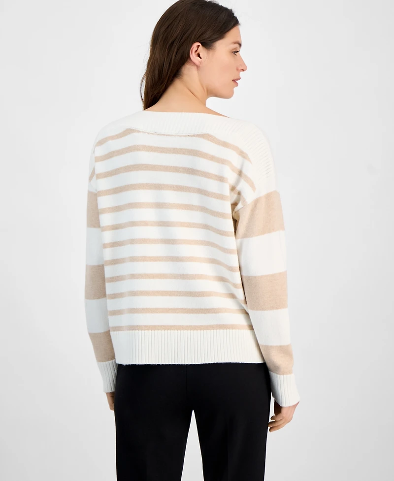 T Tahari Women's Mixed-Stripe Boat-Neck Long-Sleeve Sweater