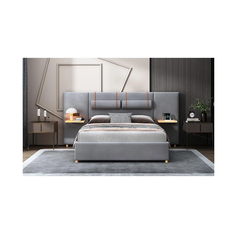 Slickblue Queen Upholstered Platform Bed with Dual Outlets and Usb Charging Ports on Each Side