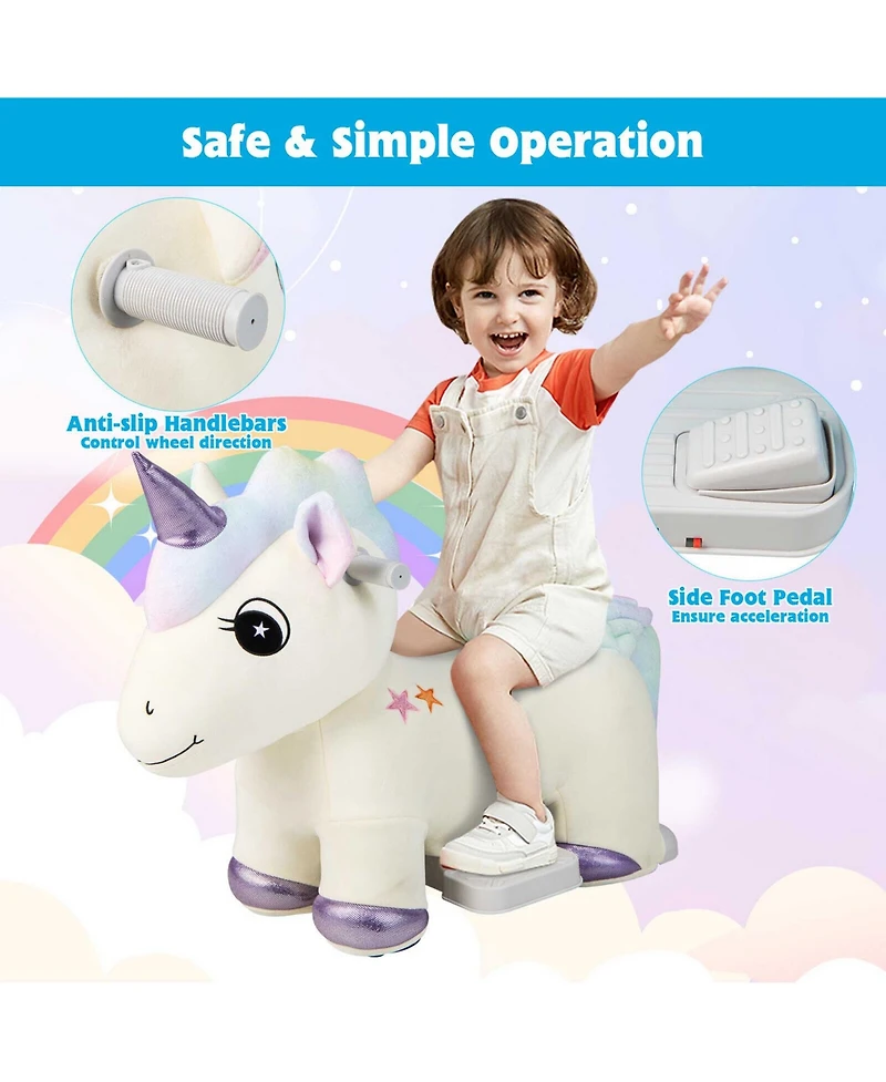 Gymax 6V Electric Animal Ride On Toy Unicorn Kids Plush Ride-on w/ Music & Handlebars