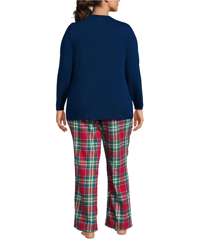 Lands' End Plus Pajama Set Knit Long Sleeve T-Shirt and Flannel Pants