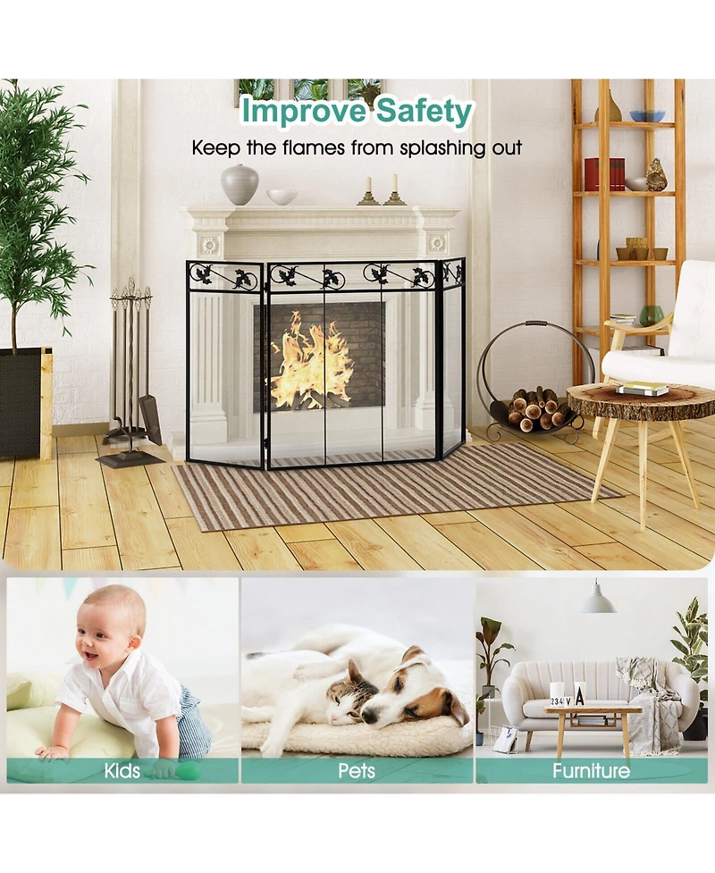 Sugift 3-Panel Fireplace Screen Decor Cover with Exquisite Pattern