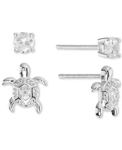 2-Pc. Set Cubic Zirconia Turtle & Solitaire Stud Earrings in Sterling Silver (Also available 14k Gold over Sterling Silver)
