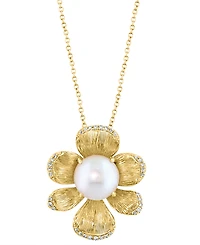 Effy Collection Cultured Freshwater Pearl (9.5MM) & Diamond Flower Pendant Necklace (1/6 ct. t.w.) in 14k Yellow Gold, 18"