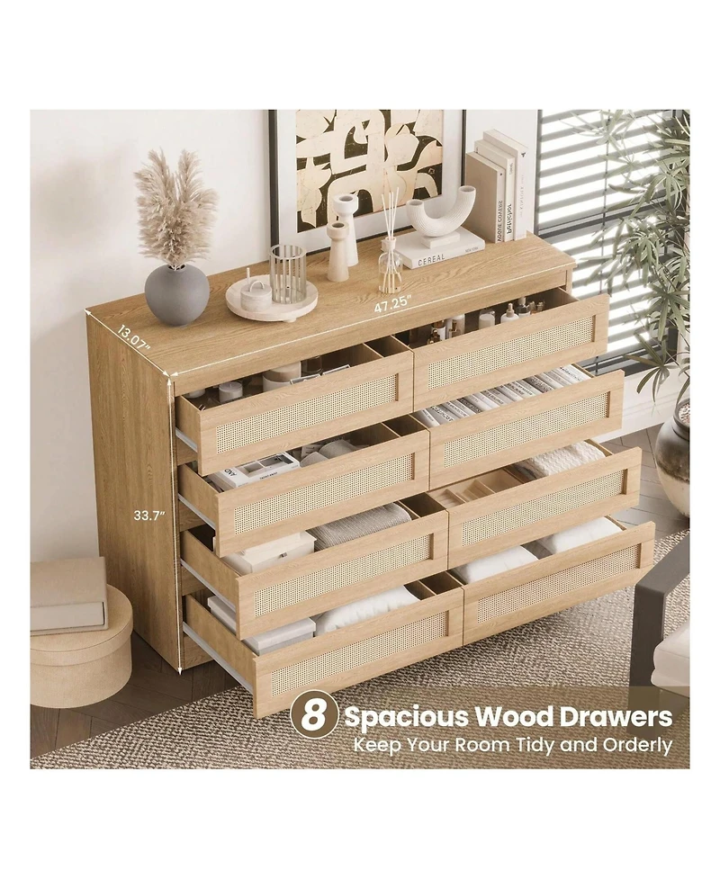8 Drawer Double Dresser For Bedroom, Rattan Chest Of Dressers