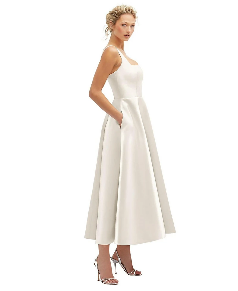 Square Neck Satin Midi Dress with Full Skirt & Pockets
