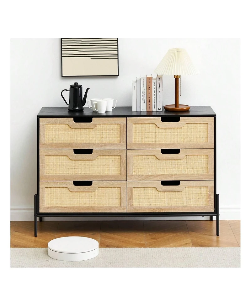 6 Drawers Dresser For Bedroom, Natural Rattan Drawer With Spacious Storage, Wood Chest Of Drawers With Metal Legs For Bedroom, Living Room, Hallway