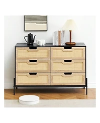 6 Drawers Dresser For Bedroom, Natural Rattan Drawer With Spacious Storage, Wood Chest Of Drawers With Metal Legs For Bedroom, Living Room, Hallway