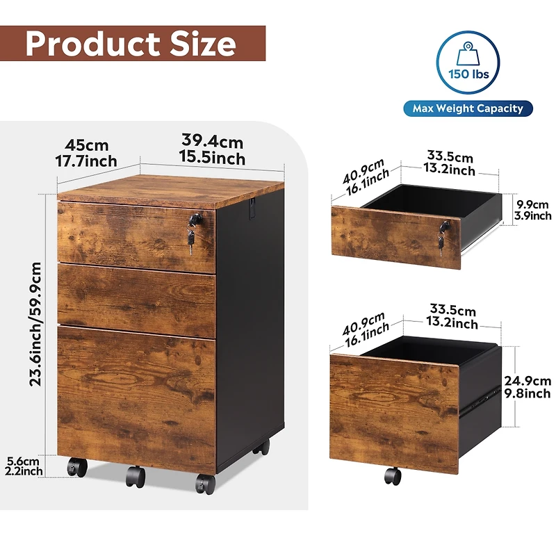 3-Drawer Rolling File Cabinet with Lock, Wood Under Desk Filing Cabinet for Home Office, Fits Letter/Legal/A4 Size, Rustic Brown