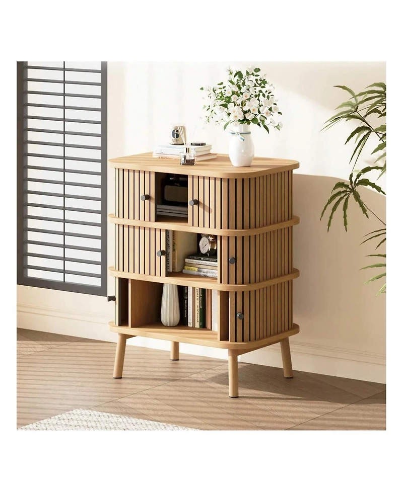 gaomon Fluted 3 Drawer Nightstand With Sliding Door, Mid Century Wooden 3 Drawer Dresser, Chest Of Storage Drawer, Side Table For Bedroom, Living Room