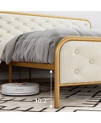 gaomon Upholstered King Size Bed Frame, Velvet Upholstery Platform Bed with Button Tufted Curved Headboard, Sturdy Wooden Slats