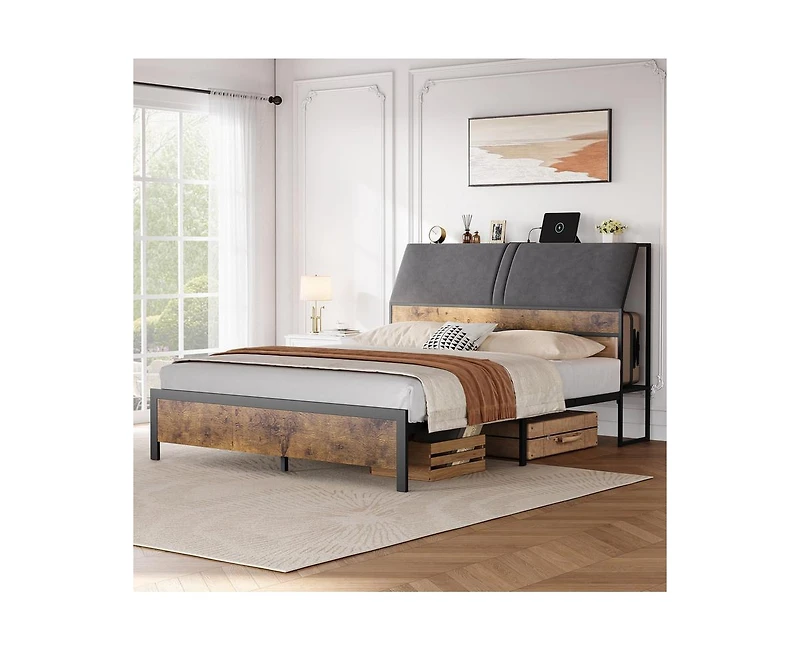 gaomon Queen Size Bed Frame with Ergonomic Headboard and Charging Station, Upholstered Platform Bed, Metal Frame with Storage, No Box Spring Needed, E