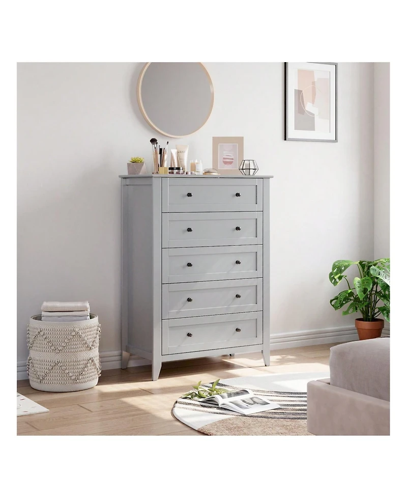 Modern 5 Chest Of Drawer Dresser, Modern Tall Nightstand With Deep Drawers And Nickel Round Handle, Wood Organizer Storage Cabinet For Bedroom, Living
