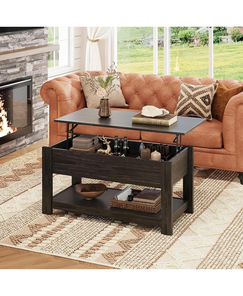 Wlive Modern Lift Top Coffee Table,Rustic Coffee Table with Storage Shelf and Hidden Compartment,Wood Lift Tabletop for Home Living Room,Black.