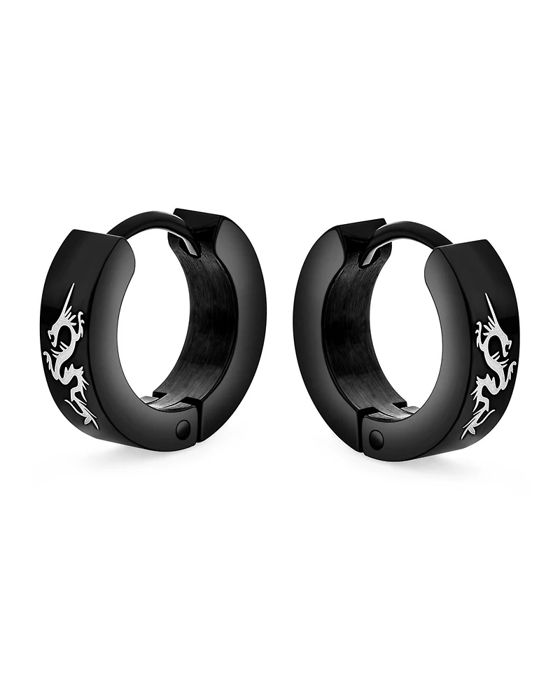 Bling Jewelry Mens Dragon Hoop Huggie Earrings Laser Gold Tone Stainless Steel