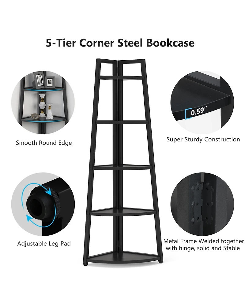Tribesigns 5 Tier Industrial Corner Bookshelf Bookcase,70 inch Tall Shelf,Industrial Ladder Shelf Plant Stand
