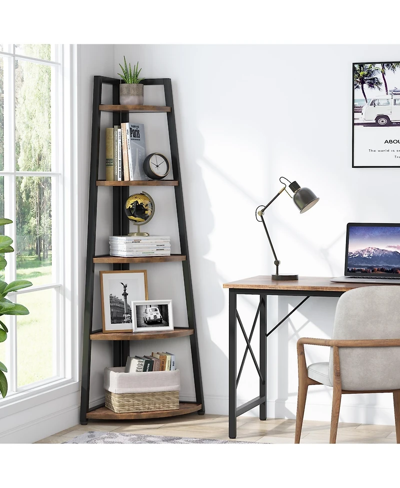 Tribesigns 5 Tier Industrial Corner Bookshelf Bookcase,70 inch Tall Shelf,Industrial Ladder Shelf Plant Stand