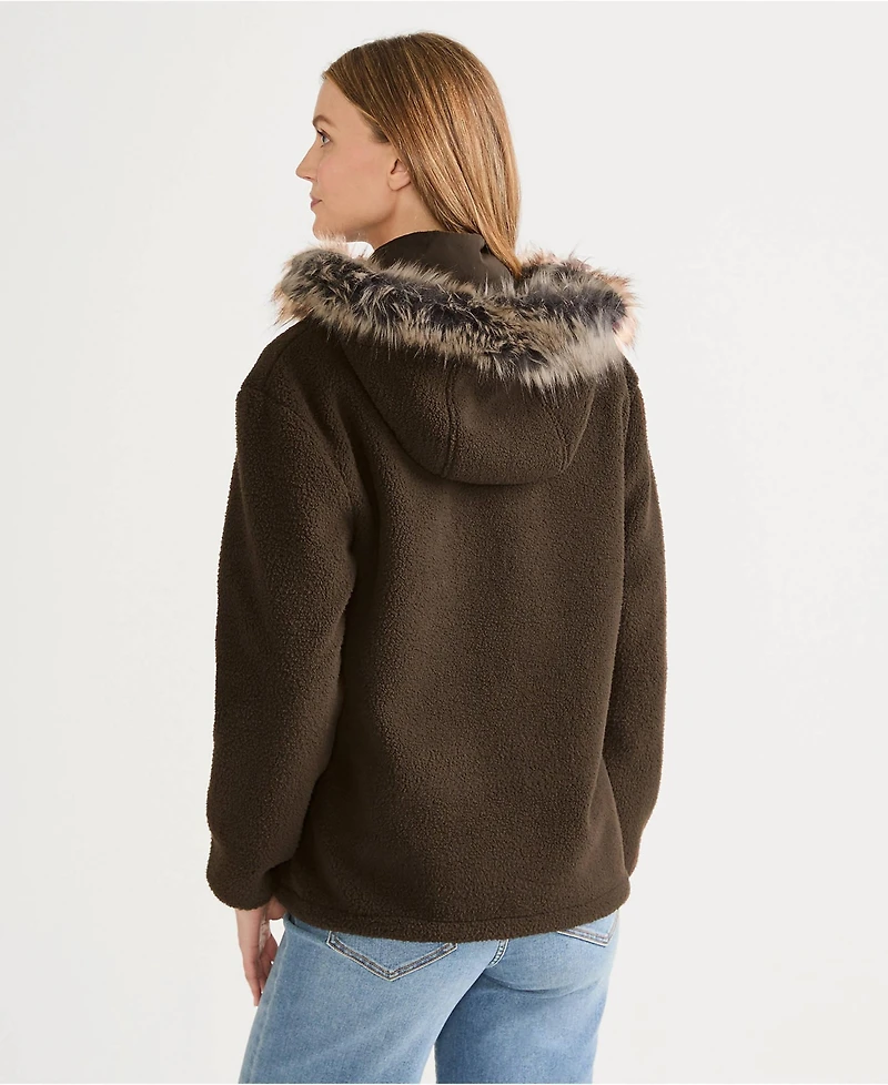 Lands' End Women's Hooded Half Zip Faux Fur High Pile Fleece Pullover