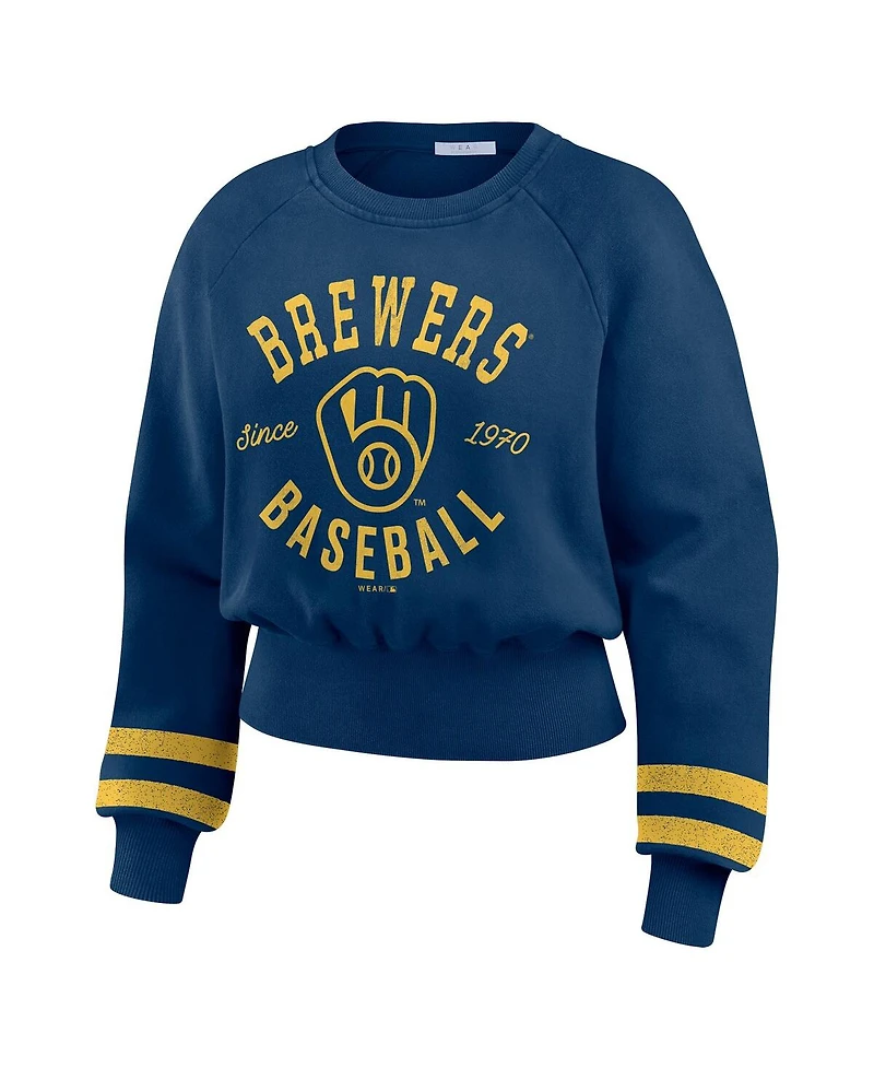 Wear by Erin Andrews Women's Navy Milwaukee Brewers Vintage Washed Cropped Pullover Sweatshirt