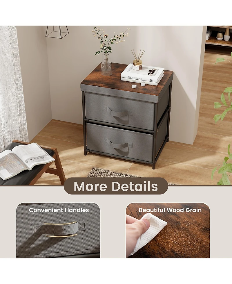 Gymax 2 Drawer Dresser Fabric Storage Organizer Nightstand Bedside Sofa Table Grey & Rustic Brown