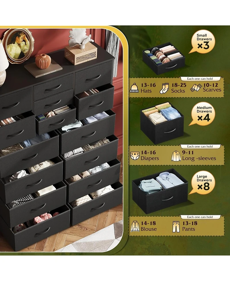 Wlive Tall Dresser for Bedroom Furniture Fabric Dressers Storage Tower with 15 Deep Drawers Closet Hallway Entryway Office w